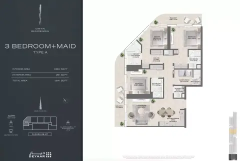 Plattegrond van 3 slaapkamers in DWTN Residences