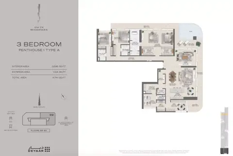 Plattegrond van 3 slaapkamers in DWTN Residences