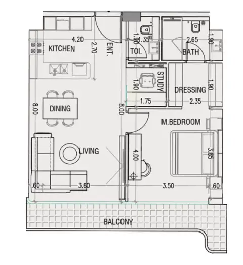 Plattegrond van 1 slaapkamer in Nuvana By Wadan
