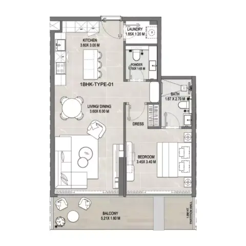 Plattegrond van 1 slaapkamer in Firoza