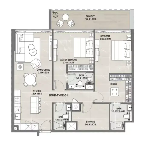 Plattegrond van 2 slaapkamers in Firoza