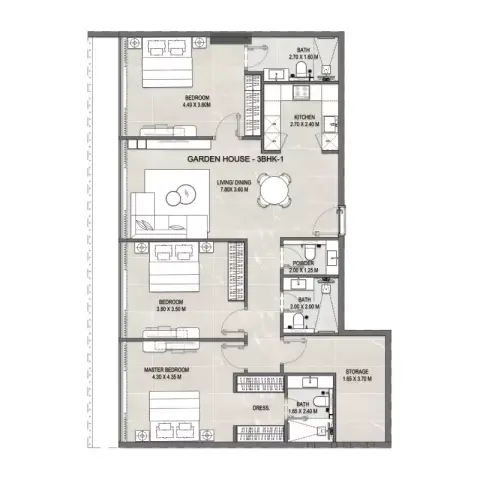Plattegrond van 3 slaapkamers in Firoza