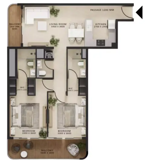 Plattegrond van 2 slaapkamers in Altair 52