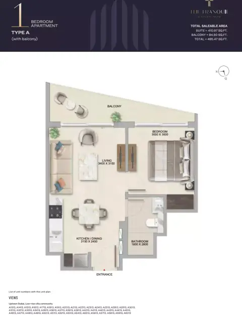 Plattegrond van 1 slaapkamer in The Tranquil