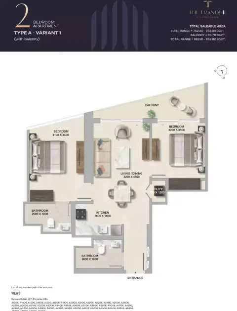 Plattegrond van 2 slaapkamers in The Tranquil