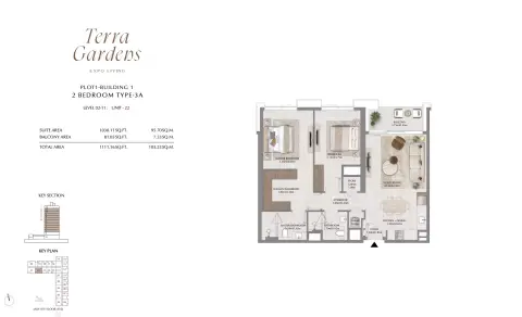 Plattegrond van 2 slaapkamers in Terra Gardens