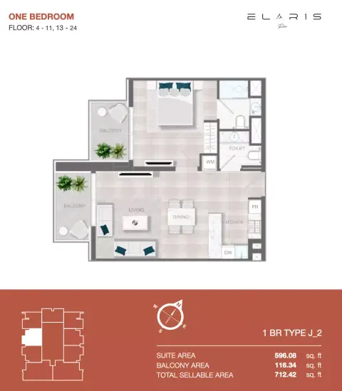 Plattegrond van 1 slaapkamer in Elaris Rise