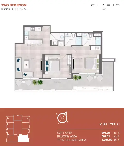 Plattegrond van 2 slaapkamers in Elaris Rise