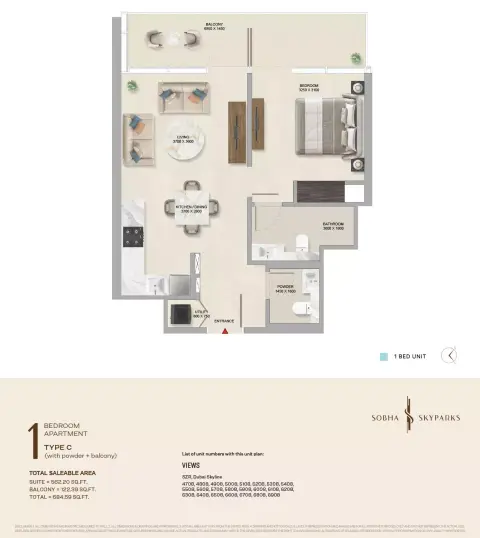 Plattegrond van 1 slaapkamer in Sobha Skyparks