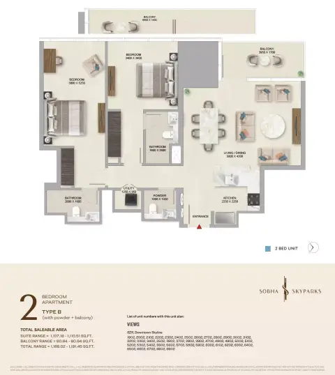 Plattegrond van 2 slaapkamers in Sobha Skyparks
