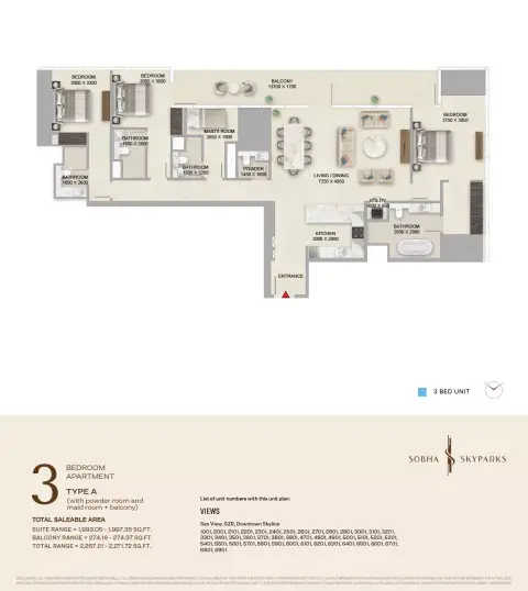 Plattegrond van 3 slaapkamers in Sobha Skyparks