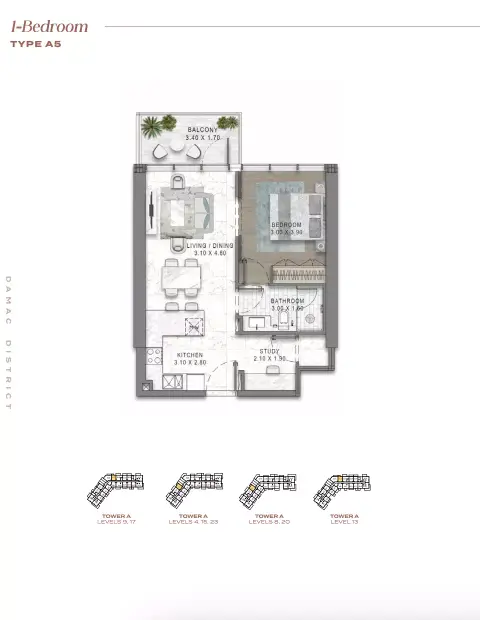 Plattegrond van 1 slaapkamer in Damac District