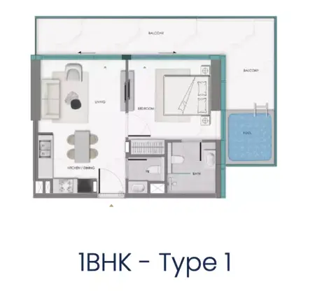 Plattegrond van 1 slaapkamer in Samana Hills South 2