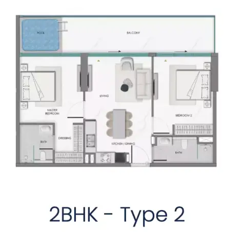 Plattegrond van 2 slaapkamers in Samana Hills South 2