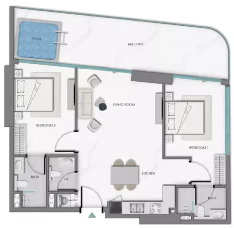 Plattegrond van 2 slaapkamers in Samana Sky Views