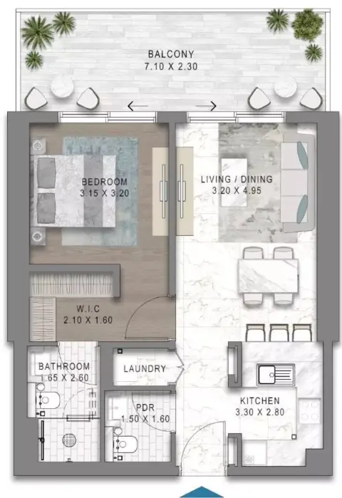 Plattegrond van 1 slaapkamer in Chelsea Residences 2 By Damac