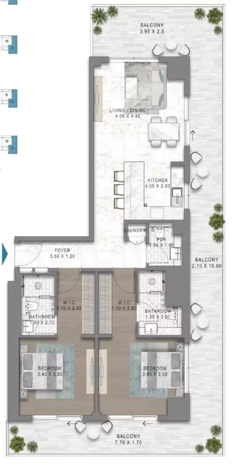 Plattegrond van 2 slaapkamers in Chelsea Residences 2 By Damac