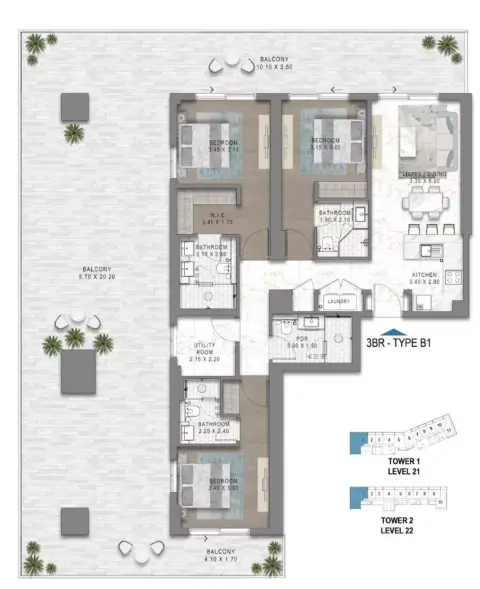 Plattegrond van 3 slaapkamers in Chelsea Residences 2 By Damac