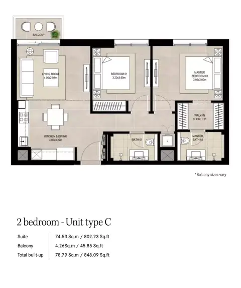 Plattegrond van 2 slaapkamers in Nshama Fiori
