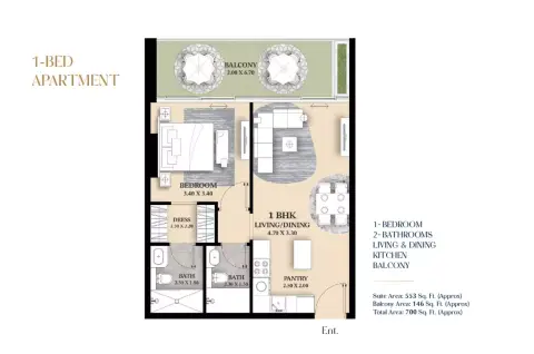 Plattegrond van 1 slaapkamer in Ventana Residences