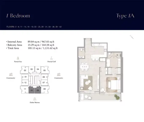 Plattegrond van 1 slaapkamer in Kempinski Marina Residences