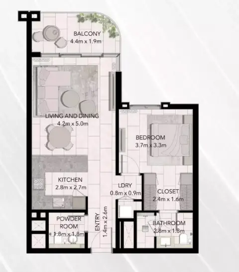 Plattegrond van 1 slaapkamer in Capria West