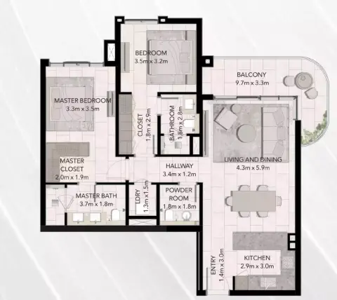 Plattegrond van 2 slaapkamers in Capria West