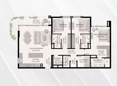 Plattegrond van 3 slaapkamers in Capria West