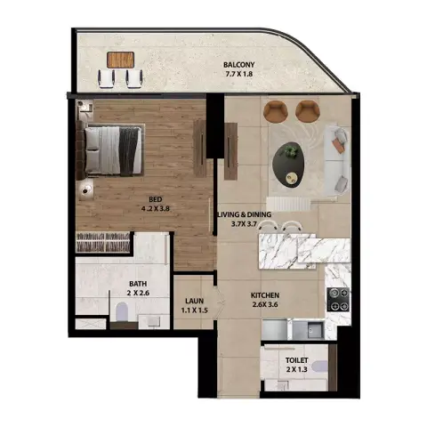 Plattegrond van 1 slaapkamer in Marquis One