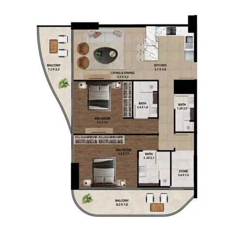 Plattegrond van 2 slaapkamers in Marquis One