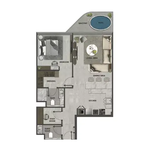 Plattegrond van 1 slaapkamer in Arya Residences