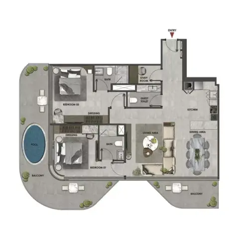 Plattegrond van 2 slaapkamers in Arya Residences