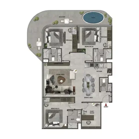 Plattegrond van 3 slaapkamers in Arya Residences