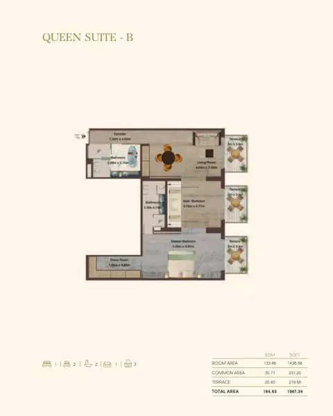 Plattegrond van 2 slaapkamers in Portofino Hotel