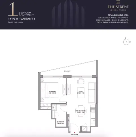 Plattegrond van 1 slaapkamer in The Serene