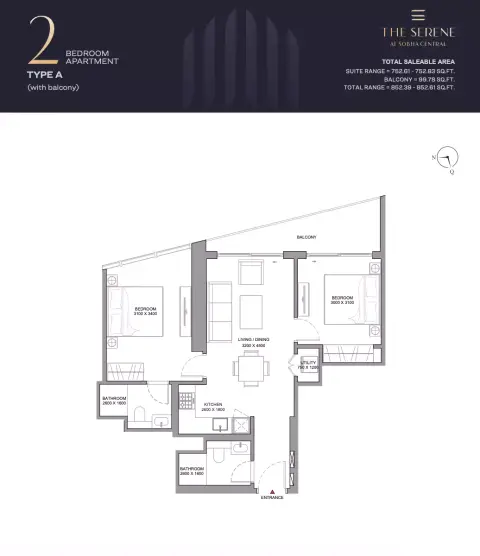 Plattegrond van 2 slaapkamers in The Serene