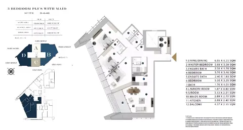 Plattegrond van 3 slaapkamers in Franck Muller Yachting