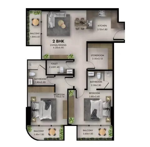 Plattegrond van 2 slaapkamers in Provenza Residences