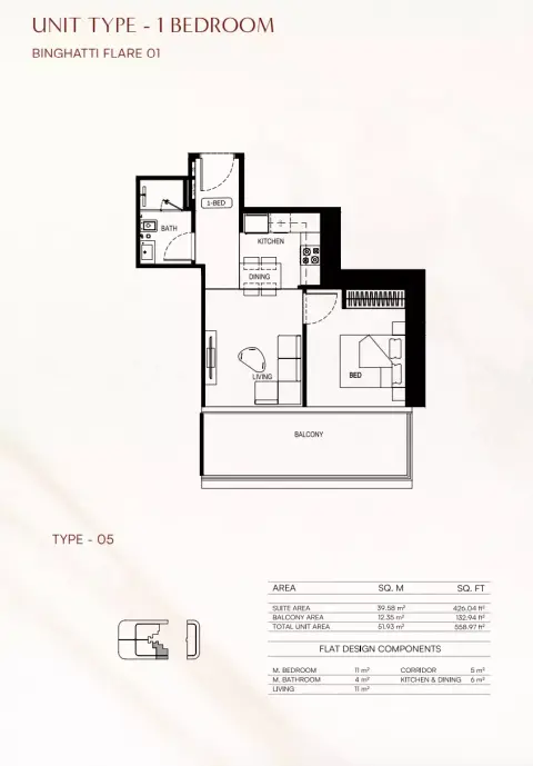 Plattegrond van 1 slaapkamer in Binghatti Flare 01