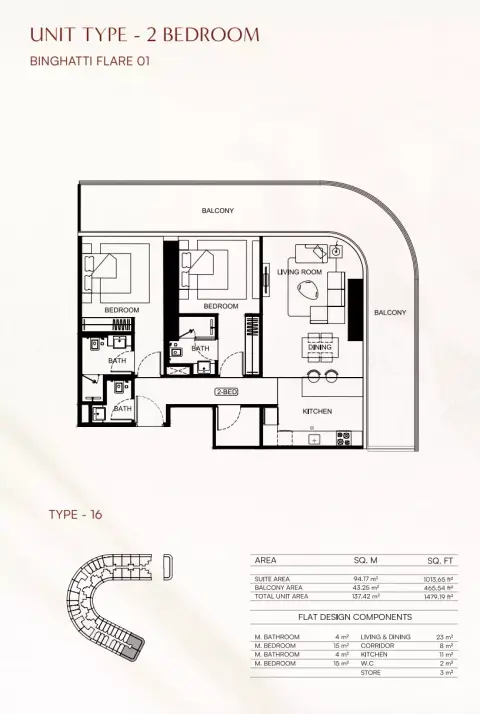Plattegrond van 2 slaapkamers in Binghatti Flare 01