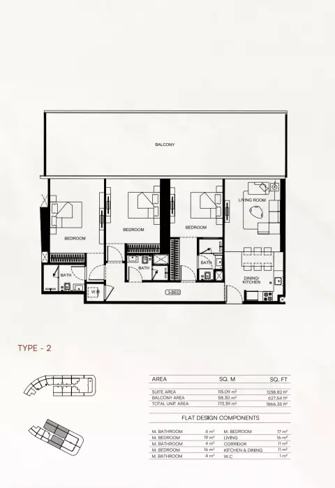 Plattegrond van 3 slaapkamers in Binghatti Flare 01
