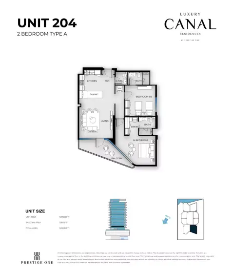 Plattegrond van 2 slaapkamers in Luxury Canal Residences