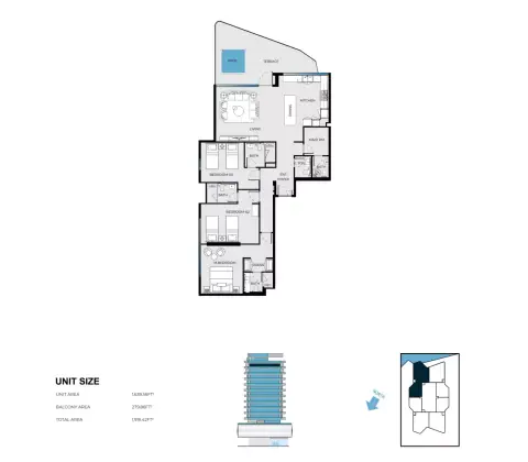 Plattegrond van 3 slaapkamers in Luxury Canal Residences