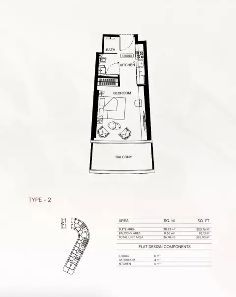 Plattegrond van Studio in Binghatti Flare 02