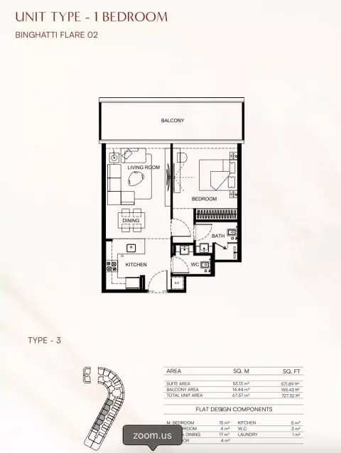 Plattegrond van 1 slaapkamer in Binghatti Flare 02