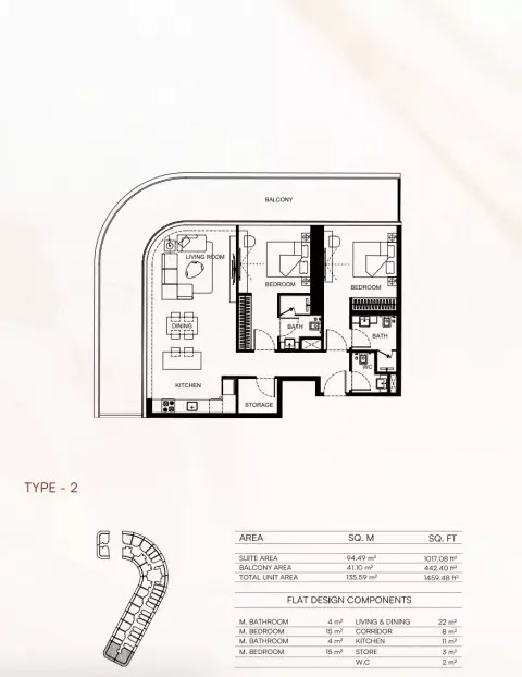 Plattegrond van 2 slaapkamers in Binghatti Flare 02