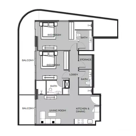 Plattegrond van 2 slaapkamers in The Boulevard