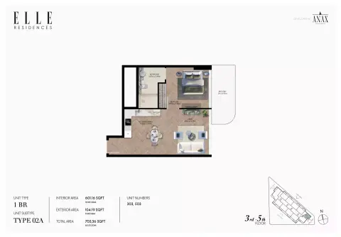 Plattegrond van 1 slaapkamer in Elle Residences