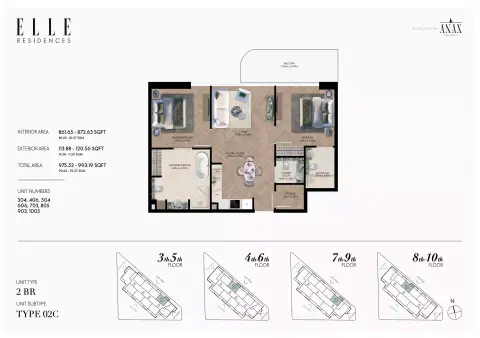 Plattegrond van 2 slaapkamers in Elle Residences