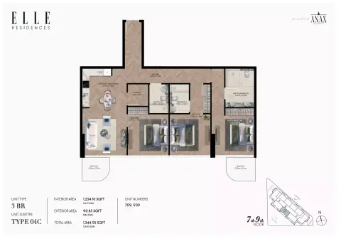 Plattegrond van 3 slaapkamers in Elle Residences